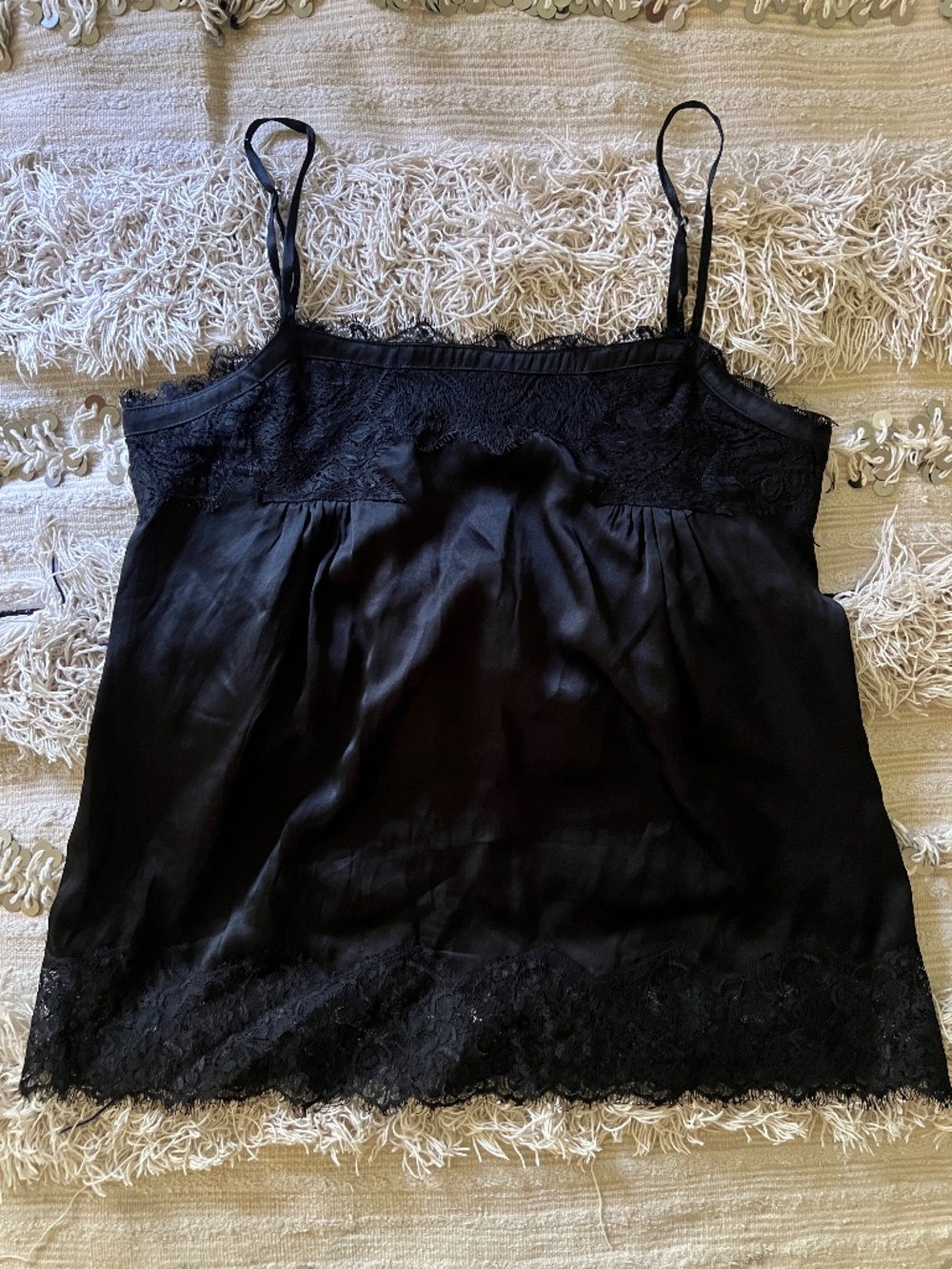 Bebe Silk Camisole Black | 100% Silk Lace Spaghetti Strap Size Medium
